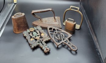 Mantle Metal Collection - Antique Irons, Bells, Iron Bases, Etc.       -      -      -       -    Loc:KCab3