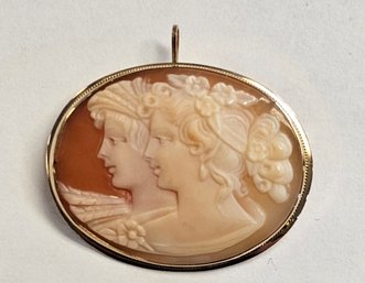 14k Double Faced Hand Carved Cameo Pendant With Rope Design Pin Or Pendant Made In Italy