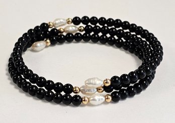 14k Fresh Water Pearl And Black Onyx Wrap Bracelet