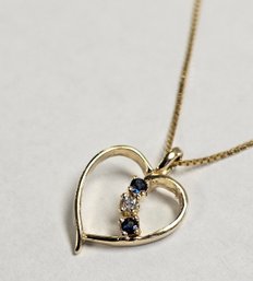 14K Yellow Gold Diamond And Sapphire Heart Necklace With 14k Box Chain