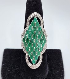 Elongated Marquis Emerald, White Zircon, Rhodium Over Sterling Ring