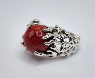 Red Sponge Coral, Rhodium Over Sterling Ring