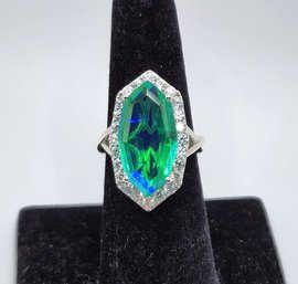 Peacock Quartz, White Zircon Ring In Platinum Over Sterling