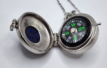 Lapis Openable Pendant Necklace With Compass In Stainless