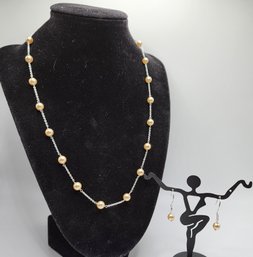 Light Gold Pearl Crystal Station Necklace & Earrings In Sterling