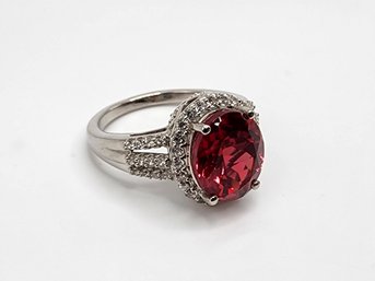 Padparadscha Sapphire, White Zircon Ring In Platinum Over Sterling