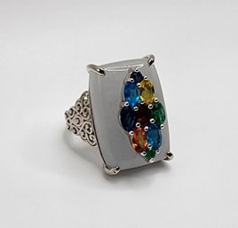 White Jade, Multi-Gemstone Art Deco Pattern Ring In Rhodium Over Sterling