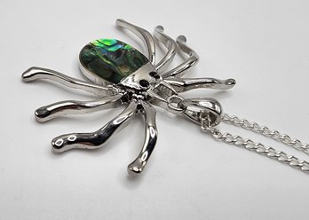 Abalone Shell, Austrian Crystal Spider Pendant Necklace In Silvertone