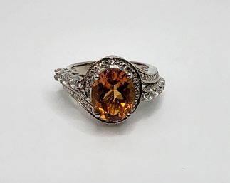 Serra Gaucha Citrine, White Zircon Ring In Platinum Over Sterling