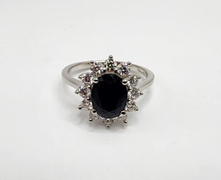 Midnight Sapphire & Moissanite Ring In Platinum Over Sterling