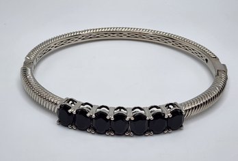 Natural Black Spinel Bangle Bracelet In Plated Platinum