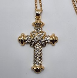 Austrian Crystal Cross Pendant Necklace In Gold Tone