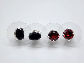 Red Garnet & Black Tourmaline Set Of 2 Stud Earrings In Sterling