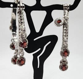 Red Garnet Chandelier Hoop Earrings In Stainless