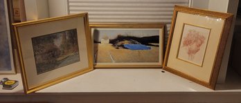 Trilogy Of Gilt Framed Sketches/watercolors And Some Loose Prints