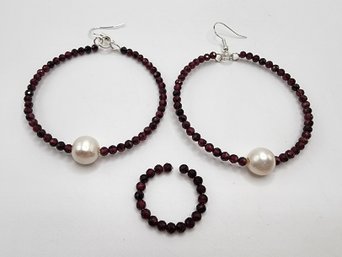 Beaded Garnet, White Cultured Pearl Sterling Hoop Earrings & Adjustable Garnet Ring