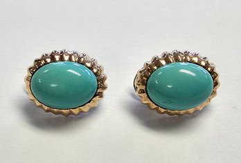 14K Yellow And White Gold Turquoise Oval Omega Back Earrings