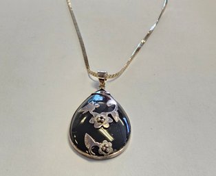 Sterling Silver And Black Onyx Tear Drop Necklace With Adjustable Chain Flowers And Birds, Butterfly