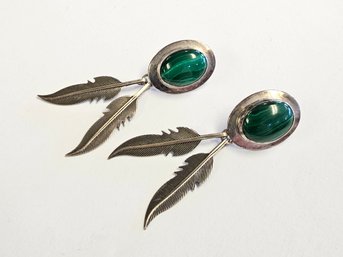 Sterling Silver South Western Malachite And Feather Dangle Earrings