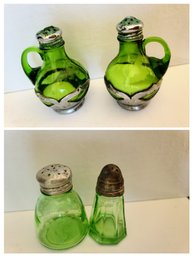 Two Small Vintage Salt And Pepper Shakers One Stamped Farber Bros. New York In Green Depression Glass