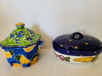 Pair Of Ceramic Handpainted Casserole Dishes By Ceramic Designer Paula Estey