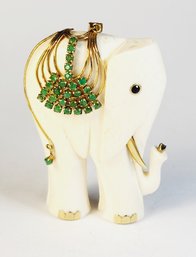 Amazing Large Vintage Carved Bone Elephant Pendant With 14K Gold (ONYX, 28 Emeralds, 2 Sapphires)