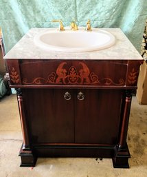 Handsome Vanity Cabinet And Sink With Marble Overlay With Matching Mirror Sold Separately