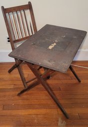 Vintage Folding Table And Chair.  Checker Board Is Faintly Visible On The Top.       -      -       - Loc:2nd