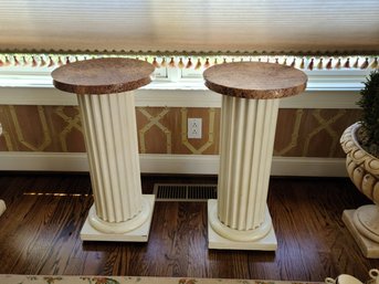 Pair Of Ivory White Columns  Made Of Ceramic With Salmon/brown Colored Marble Tops