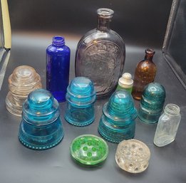 Vintage Glass Insulators And Colored Glass Bottles.    -                   -           - Loc:BS2Brown Box