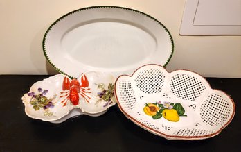 Handpainted Fruit Bowl From Portugal Paired With Vintage Lobster Bowl And Oblong Serving Platter From Schambur