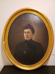 Gorgeous Oval Frame With Antique Oil Painting Portrait Of Woman In Black