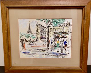 Mid-Century Paul Renard 1941- 1997 Original Hand Painted On Satin 60's Chic/Cool Paris Scene