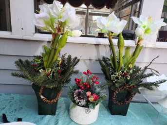 Trio Of Faux Holiday Plants, Amaryllis And Red Berries