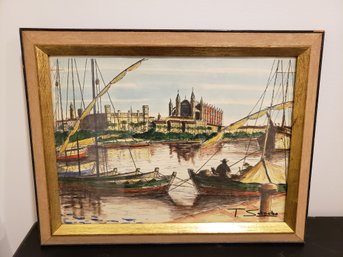 Italian Watercolor Of Boats And Cathedral Signed T. Sancho