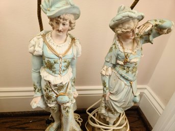 Antique French Provincial Bisque Gentlemen And Lady Table Lamps