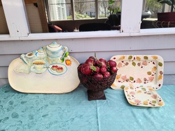 Basket Of Faux Fruit With Vintage Tray From Thailand & Leaf Design Platters Signed P. Satchels