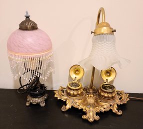 Antique Double Inkwell Brass Lamp Paired With Pink Victorian Glass And Fringe Shade Lamp