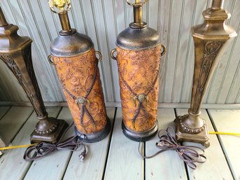 Four Vintage Table Lamps - One Leather And The Other Metal