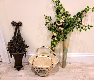 Trio Of Decorative Items, Ceramic Hand Painted Planter/ Basket, Metal Wall Art, Ceramic Planter & Faux Flowers