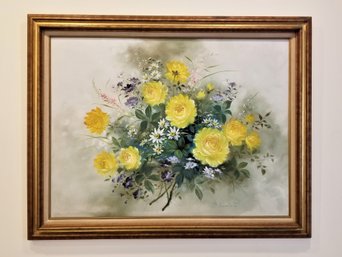 Large Vintage Gold Framed Vibrant Yellow & White Flower Bouquet Oil Painting Signed By Artist