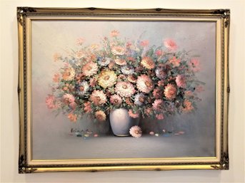 Large Original ROBERT HELMAN Oil Textured On Canvas PaintingFlowers In Vase In Ornate Carved Wood Frame