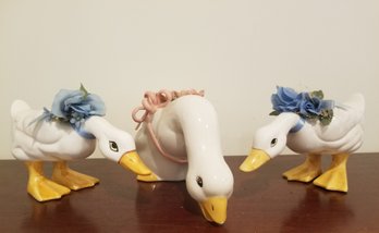 Trio Of Ceramic Ducks With Necks Down & Floral Adornments - Artistic Gifts Taiwan