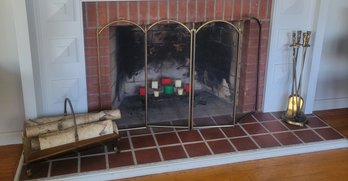 Vintage Owl Head Brass Fireplace Set - Tools, Log Holder With Logs, And Screen.     -   - - - - - - Loc:Garage