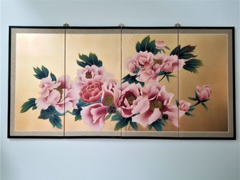 Vintage Oriental Wall Art 4-panel Floral Peony Painted Folding Screen Wall Art