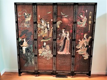 Exquisite Vintage Chinese Four Panel Carved Wood Gold Gilt & Painted 6 Ft. Room Divider Screen