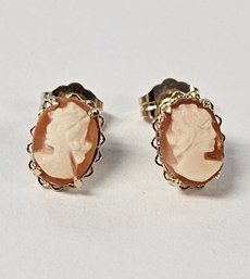 14K Yellow Gold Hand Carved Cameo Earrings With Filigree Setting