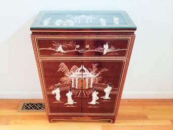 Chinese Hand Painted Lacquer Royal Ladies Corner Accent Cabinet With Mother Of Pearl Accents