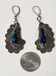 Vintage HANDMADE .925 Sterling Silver AZURITE Leverback Earrings SIGNED