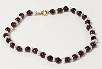 14K Hand Knotted GARNET Bead And Freshwater Pearl Bracelet 7' DELICATE!!